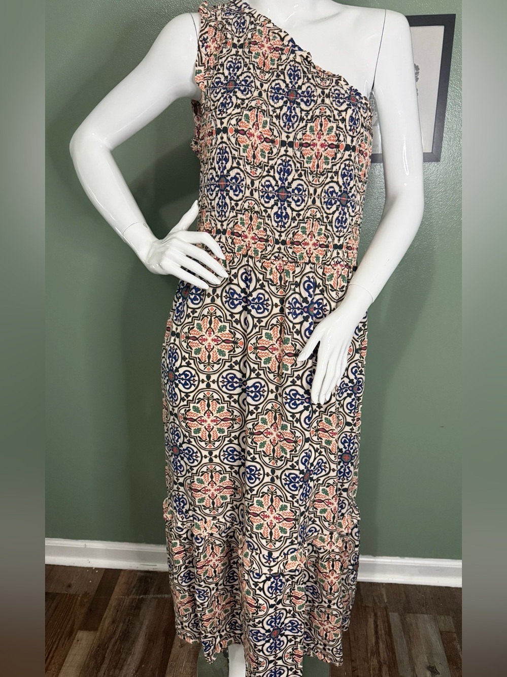 Knox Rose One-Shoulder Mosaic-Print Maxi Dress in Cream, Blue & Coral
